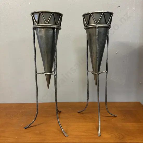 Pair Of Metal Conical Shape Vases In Stand H51cm.