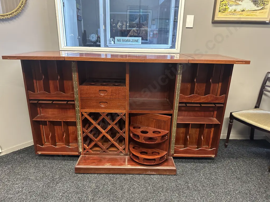 Rosewood Metamorphic Rolling Bar Cabinet H108,W92.D57cm. Opened H105,W183,D57cm. Image 1++