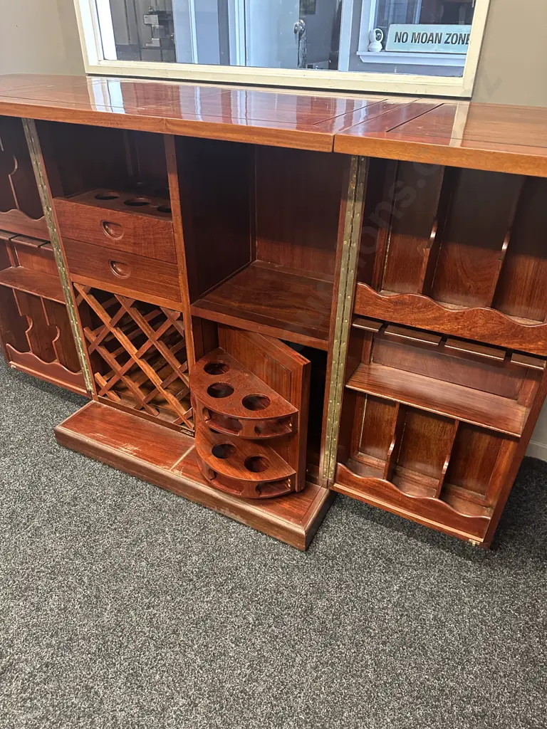 Rosewood Metamorphic Rolling Bar Cabinet H108,W92.D57cm. Opened H105,W183,D57cm. Image 1++