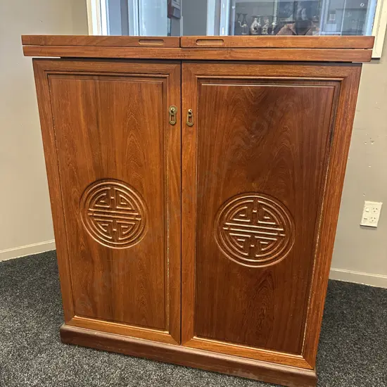 Rosewood Metamorphic Rolling Bar Cabinet H108,W92.D57cm. Opened H105,W183,D57cm.