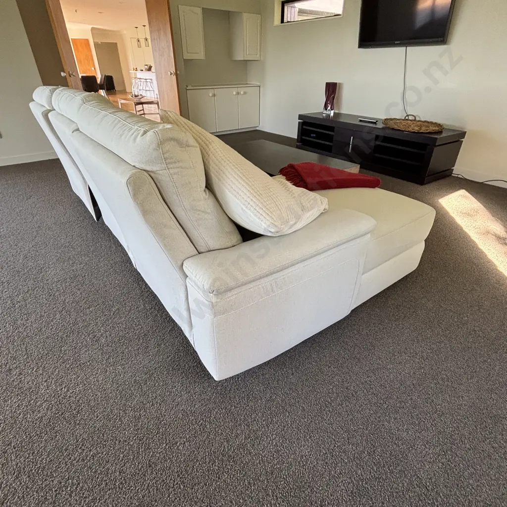 3 Seater Power Reclining Sofa with Chaise. In Cream Coloured Fabric Image 1++