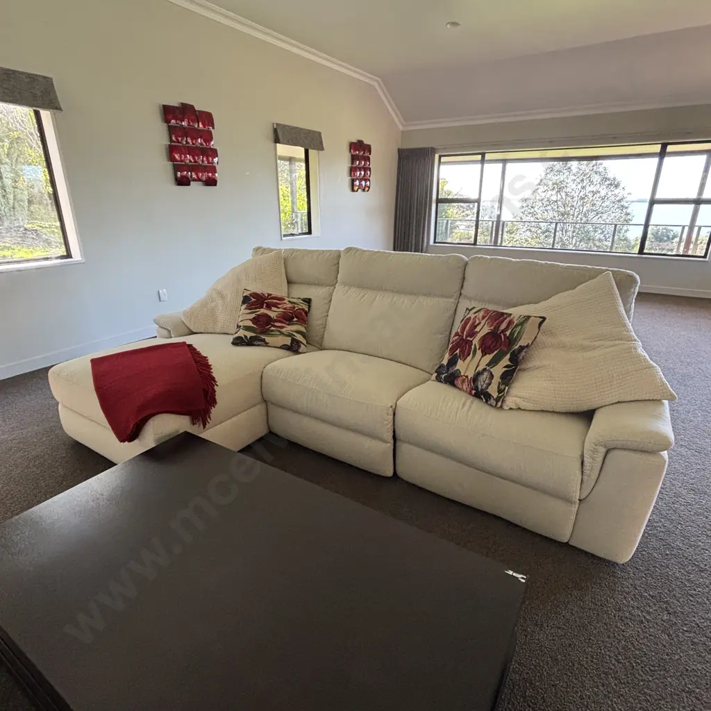 3 Seater Power Reclining Sofa with Chaise. In Cream Coloured Fabric Image 1++