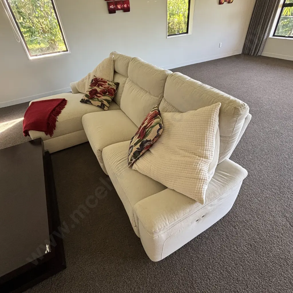 3 Seater Power Reclining Sofa with Chaise. In Cream Coloured Fabric Image 1++