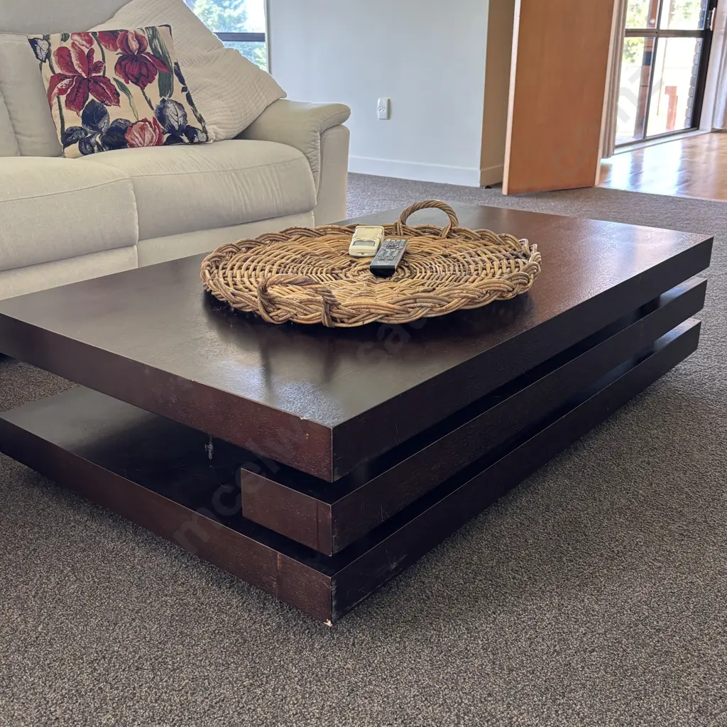 Coffee Table - Chocolate Brown Colour, 2 Tier, Round Black Feet. H34 W140 D80cm Image 1++