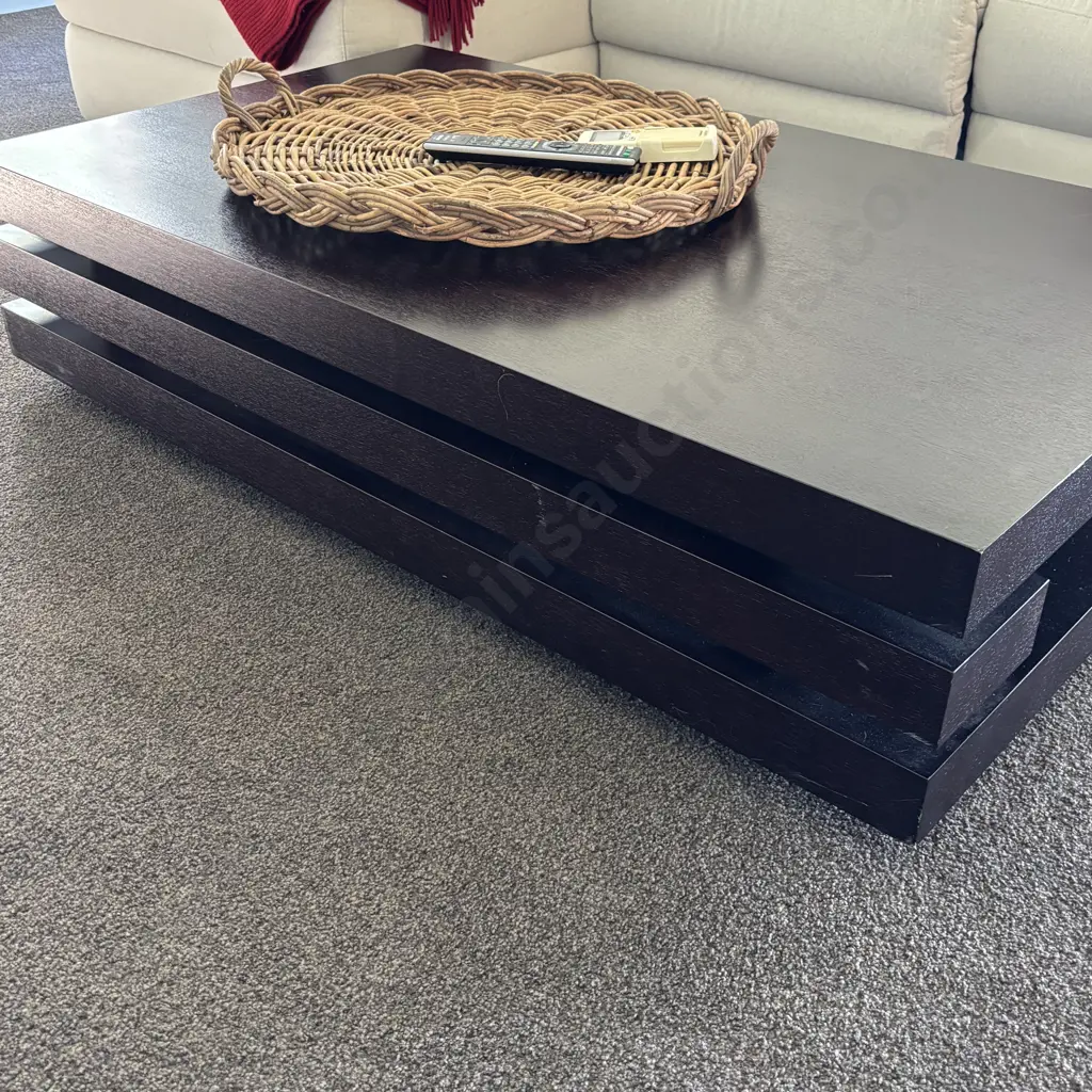 Coffee Table - Chocolate Brown Colour, 2 Tier, Round Black Feet. H34 W140 D80cm Image 1++