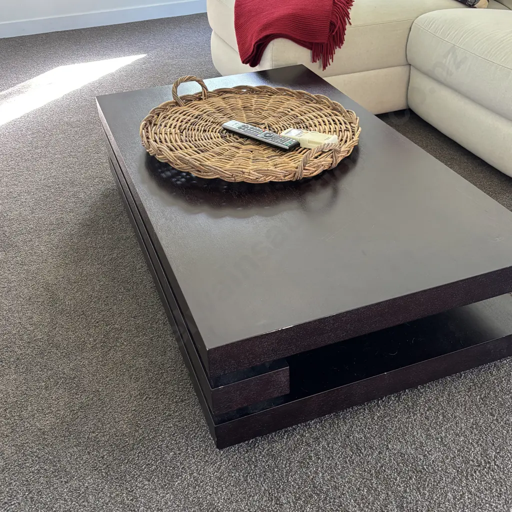 Coffee Table - Chocolate Brown Colour, 2 Tier, Round Black Feet. H34 W140 D80cm Image 1++