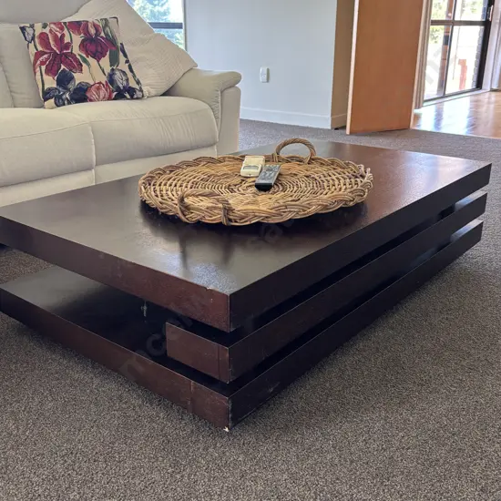 Coffee Table - Chocolate Brown Colour, 2 Tier, Round Black Feet. H34 W140 D80cm