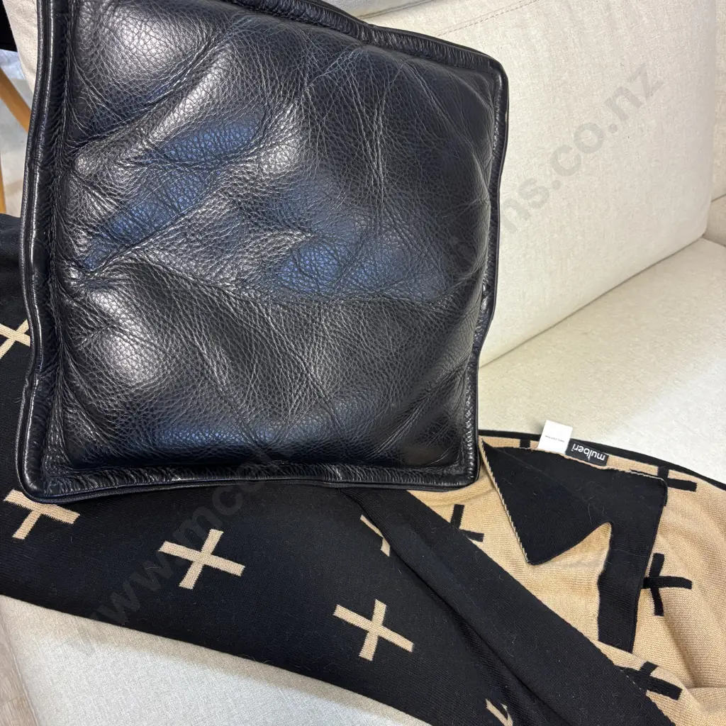 Mulberi Throw Beige With Black Crosses and Black Italian Leather Cushion Image 1++