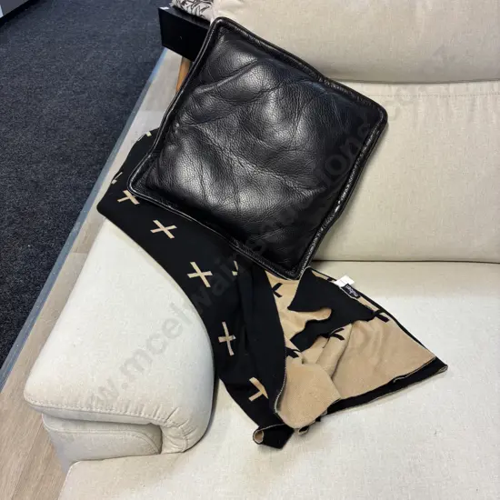 Mulberi Throw Beige With Black Crosses and Black Italian Leather Cushion