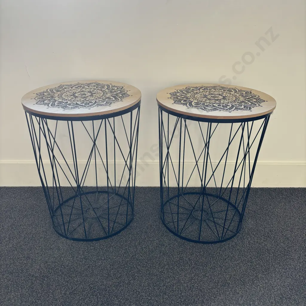 Pair of Black Metal Side Tables With Decorated Round Wooden Tops. 46 x 36cm Image 1++