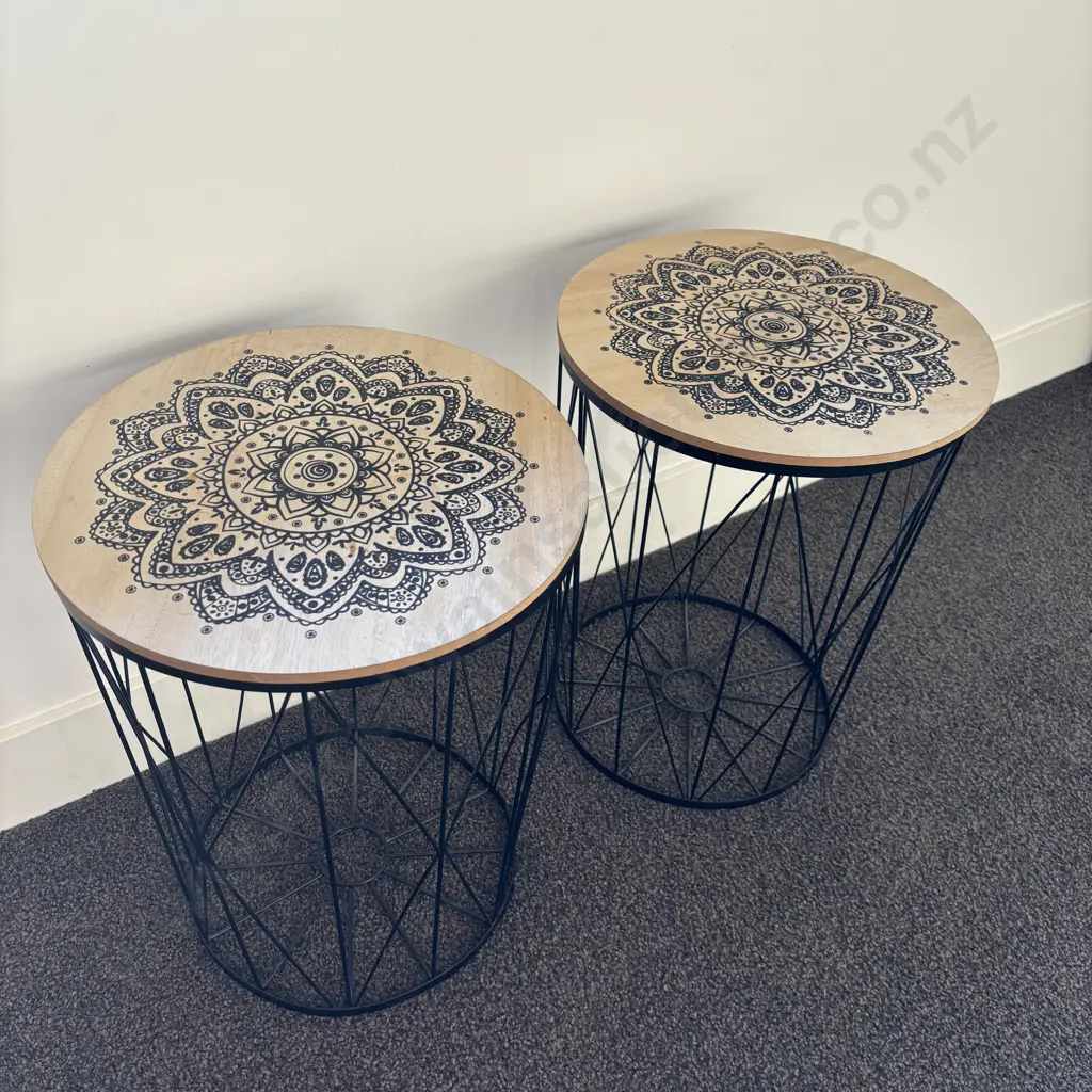 Pair of Black Metal Side Tables With Decorated Round Wooden Tops. 46 x 36cm Image 1++