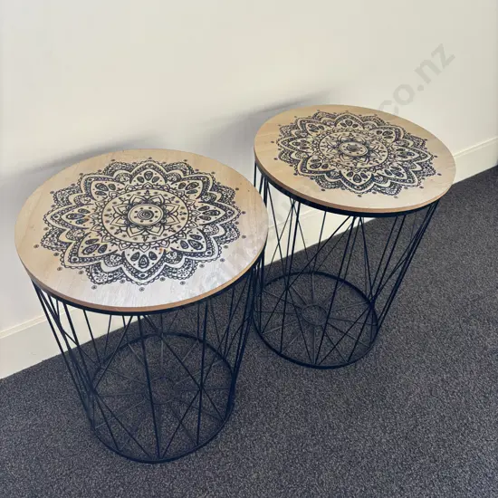 Pair of Black Metal Side Tables With Decorated Round Wooden Tops. 46 x 36cm
