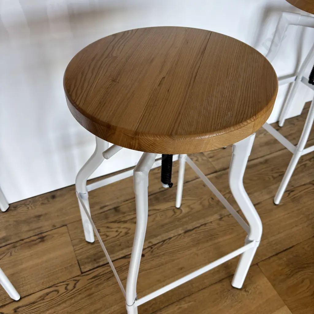 Set of Three Luca Lincoln Machinist Style White Adjustable Steel Barstools With Natural Round Wood Seats Image 1++
