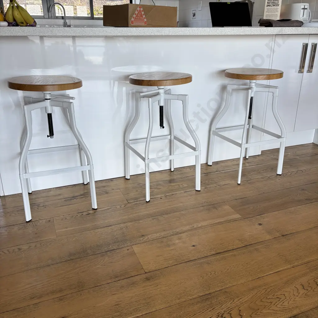 Set of Three Luca Lincoln Machinist Style White Adjustable Steel Barstools With Natural Round Wood Seats Image 1++