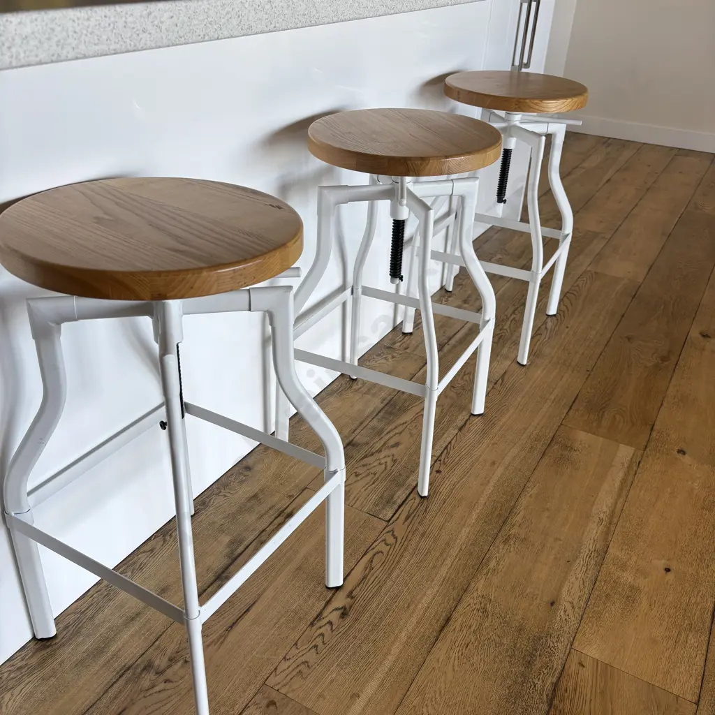 Set of Three Luca Lincoln Machinist Style White Adjustable Steel Barstools With Natural Round Wood Seats Image 1++