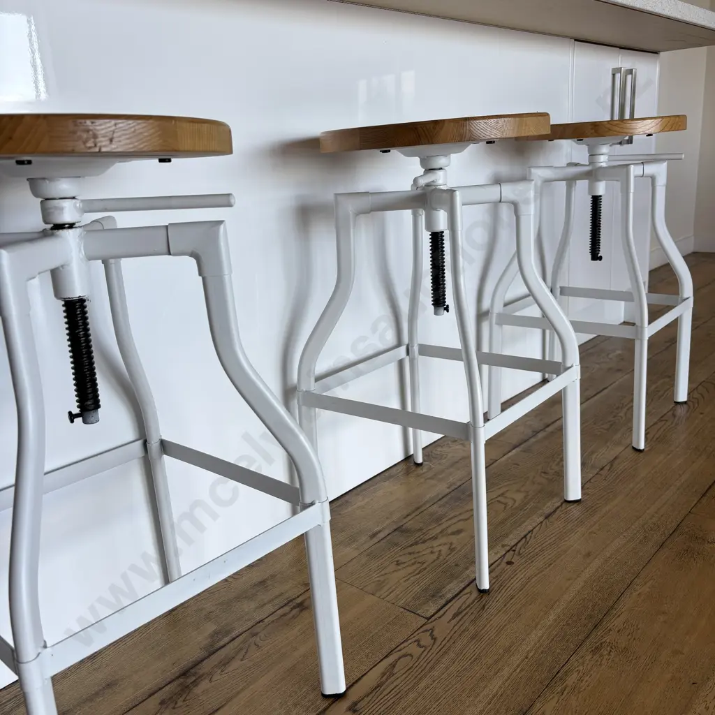 Set of Three Luca Lincoln Machinist Style White Adjustable Steel Barstools With Natural Round Wood Seats Image 1++