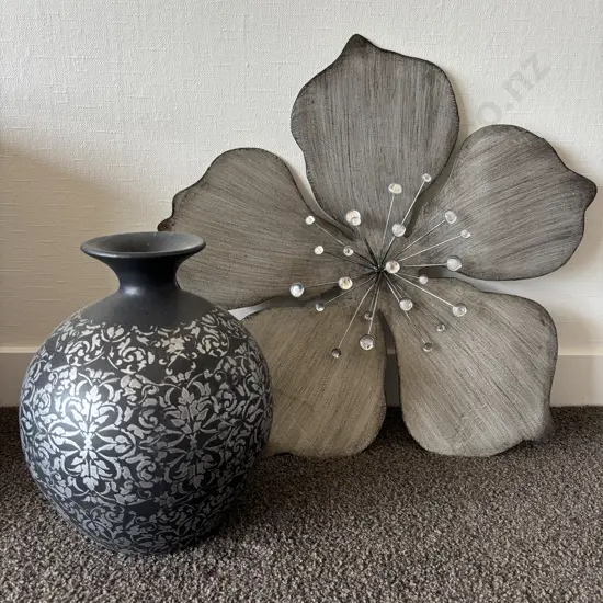 Floral Wall Art. Dia 60cm with Decorative Bulbous Vase 32cmH