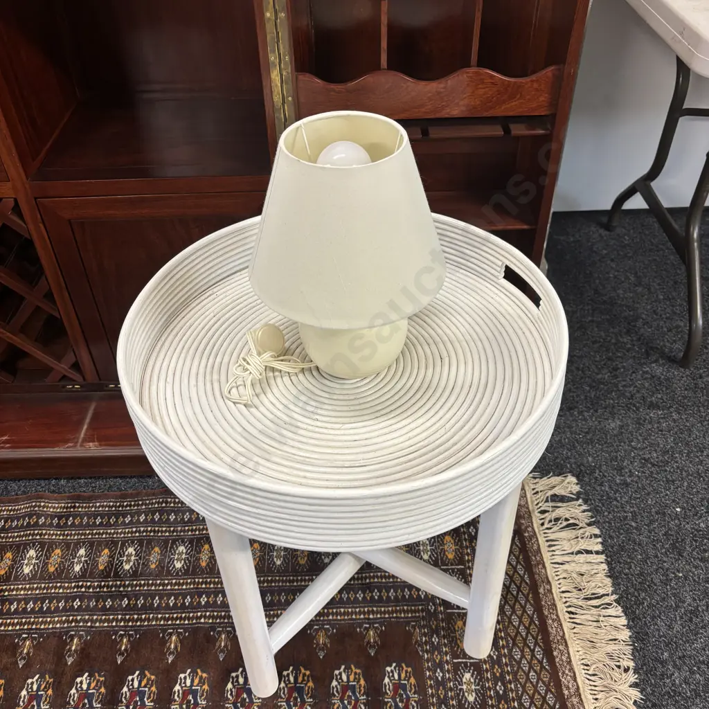 White Circular Rattan Tray Top Table (10 x 53cm) With Wooden Folding Base. 59 x 53cm and ceramic table lamp Image 1++