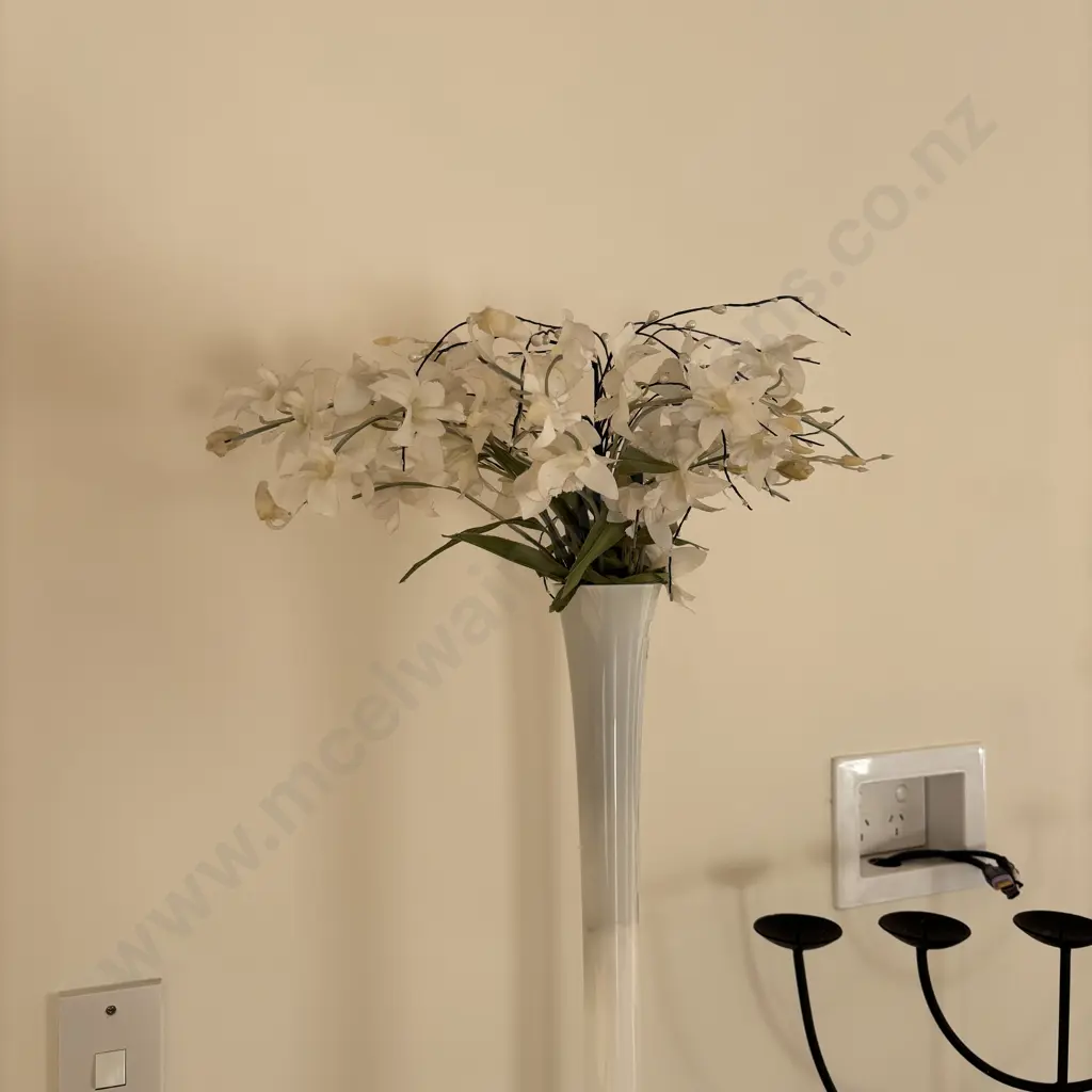 White Slender Art Glass Vase With Artificial Flowers. H80cm Image 1++