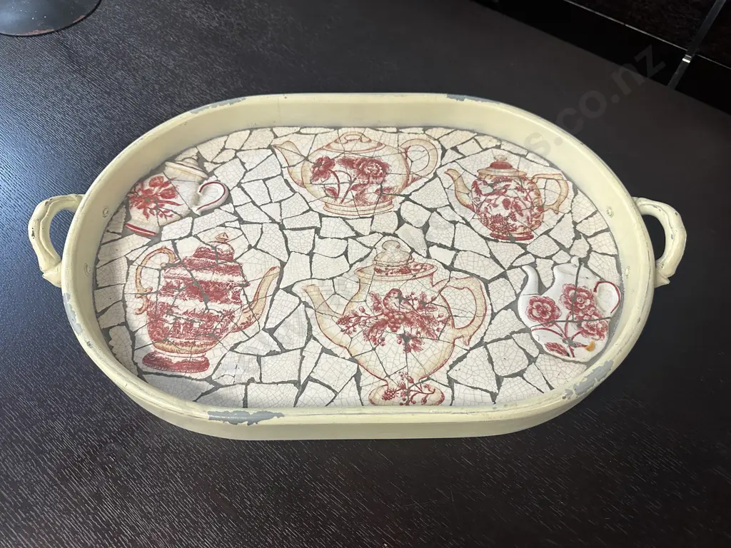 Oval Double Handled Serving Tray, Teapot Detail. L52cm Image 1++