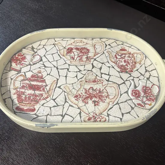 Oval Double Handled Serving Tray, Teapot Detail. L52cm