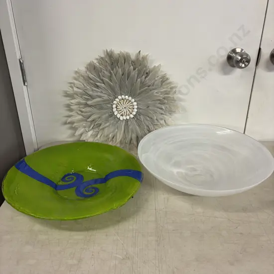Decorative Kiwiana Bowl with Large White Glass bowl and Decorative Feather wall art