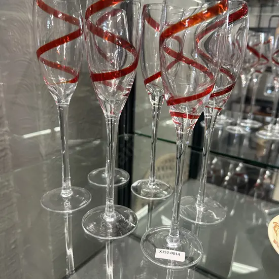 Set Of Six Champagne Flutes With Red Swirl