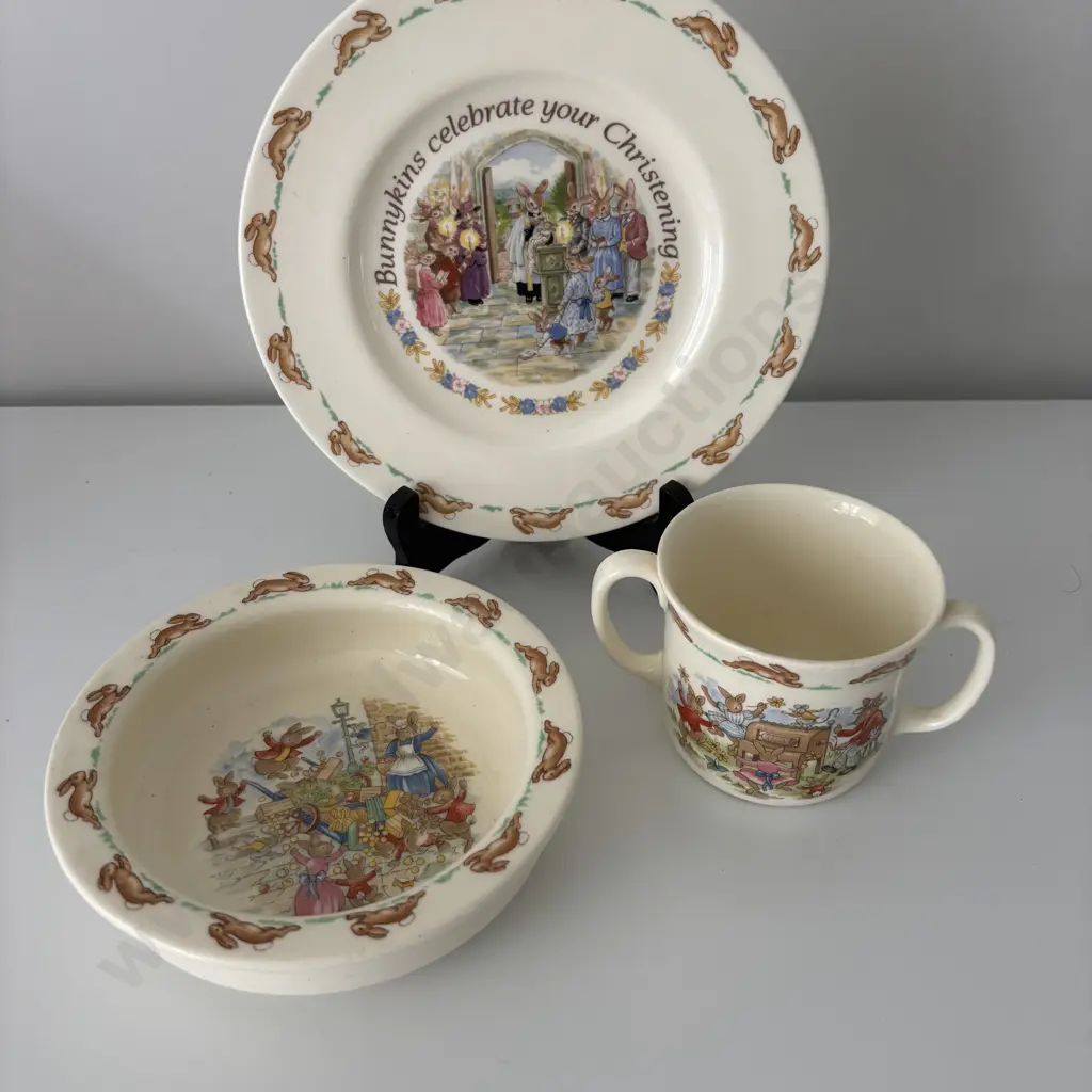 Royal Doulton Bunnykins Christening Plate, Babies Bowl and two handled mug Image 1++