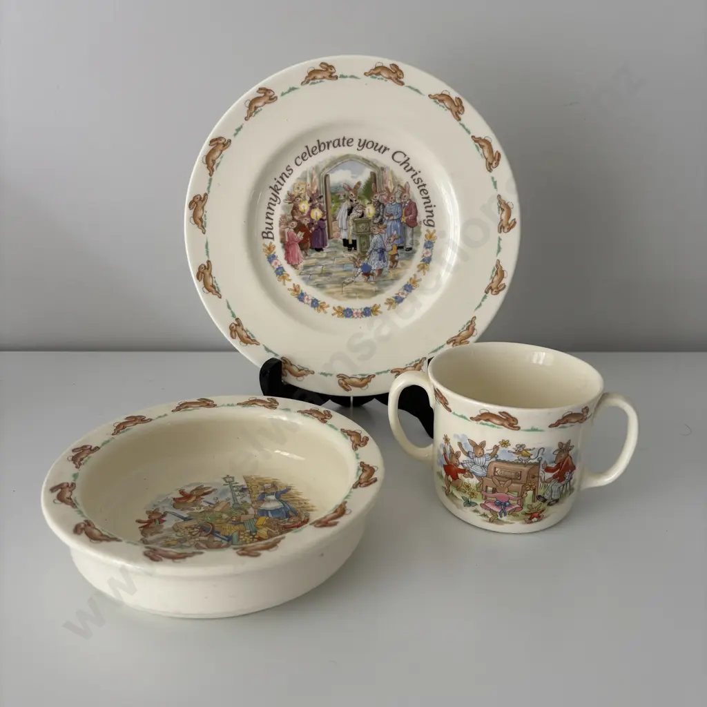 Royal Doulton Bunnykins Christening Plate, Babies Bowl and two handled mug Image 1++