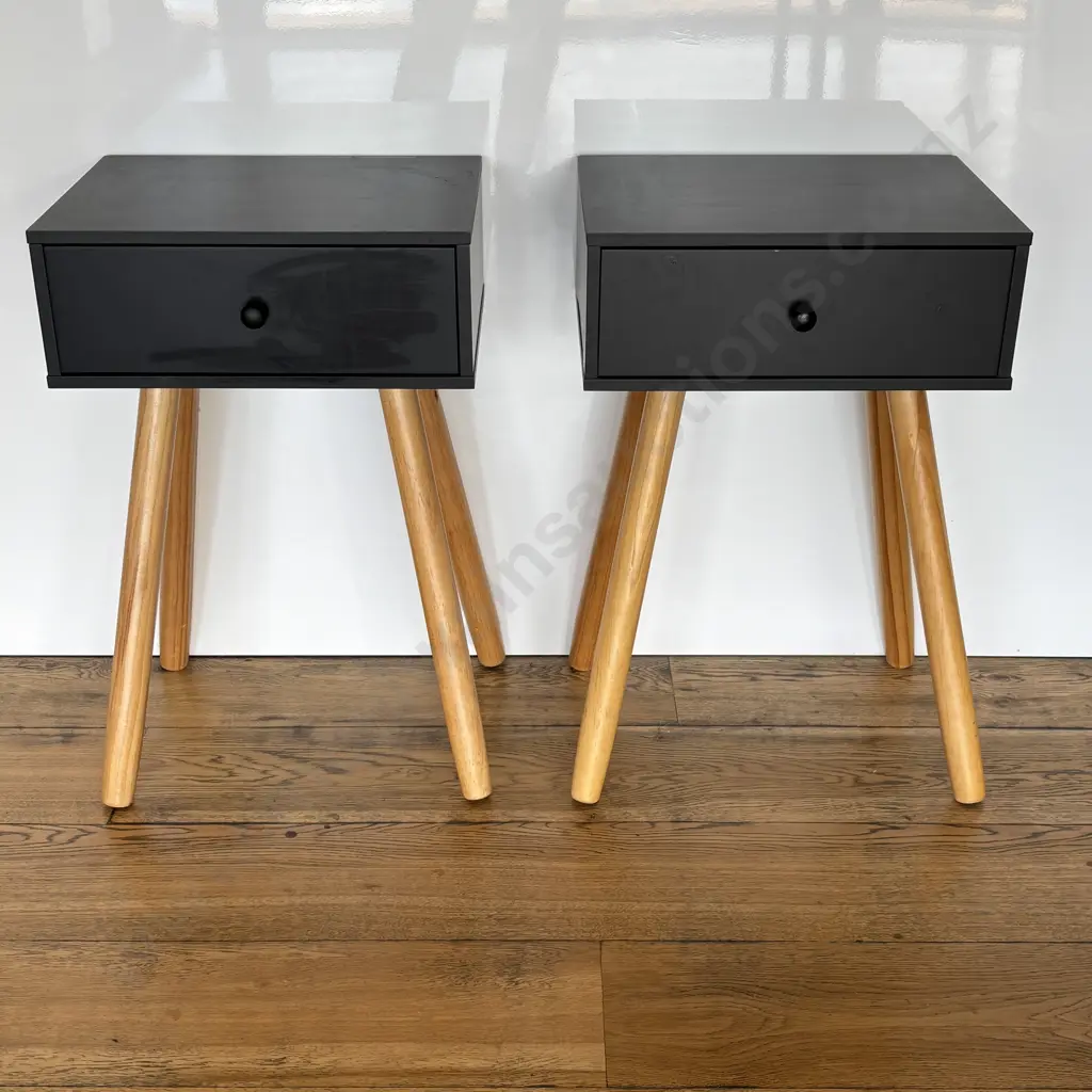Pair of Black Single Drawer Bedside Cabinets, Long Natural Legs. H61 W40 D30cm Image 1++