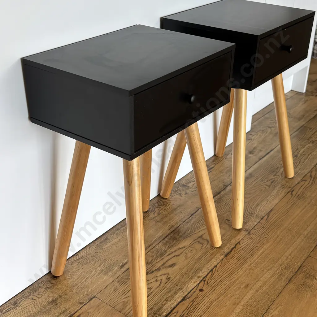 Pair of Black Single Drawer Bedside Cabinets, Long Natural Legs. H61 W40 D30cm Image 1++