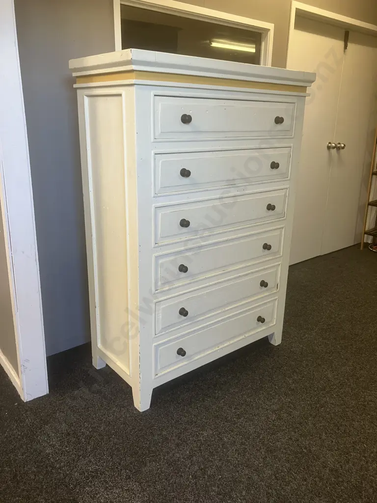 Shabby Chic 6 Drawer Tallboy, Rustic Metal Handles. H150 W106 D50cm Image 1++