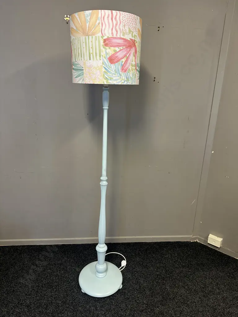 Painted Pale Blue Floor Lamp With Multi Coloured Abstract Shade H184cm. Image 1++