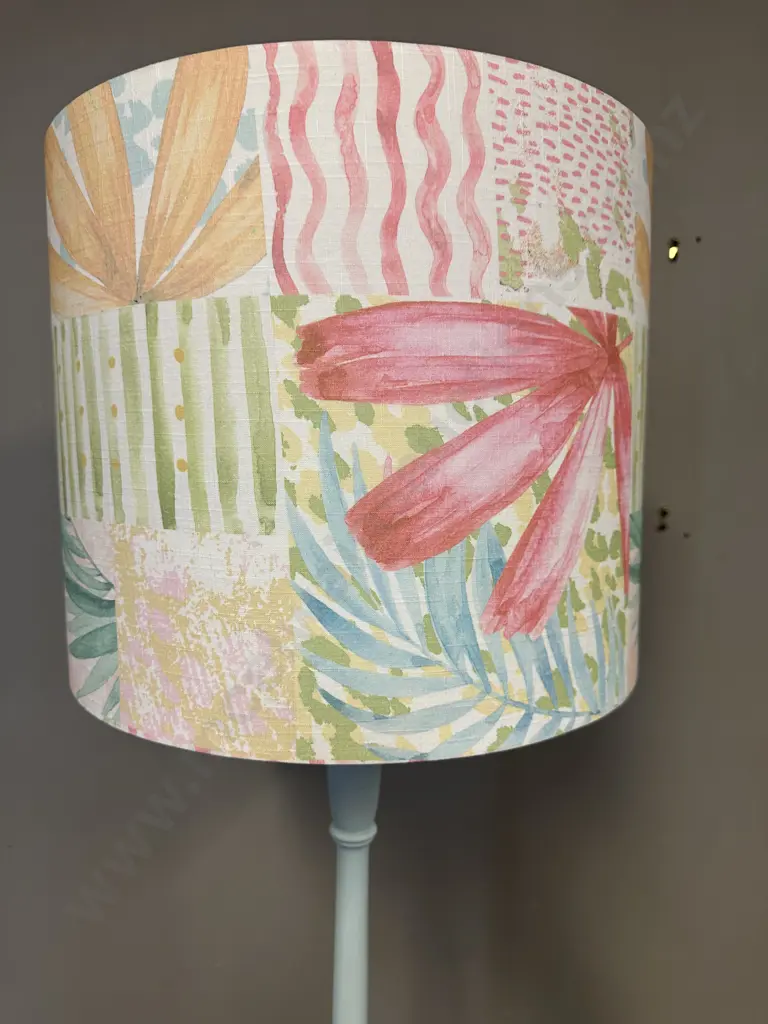 Painted Pale Blue Floor Lamp With Multi Coloured Abstract Shade H184cm. Image 1++