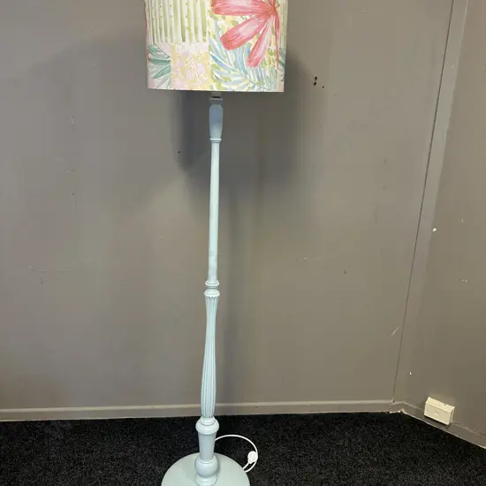 Painted Pale Blue Floor Lamp With Multi Coloured Abstract Shade H184cm.