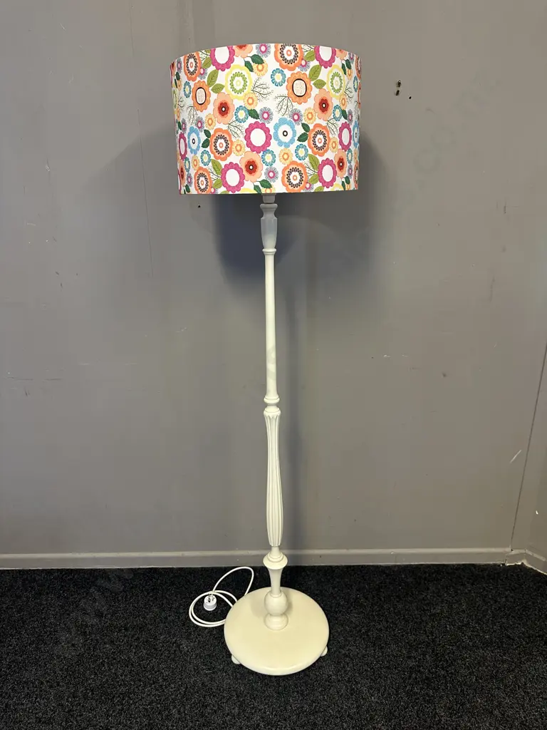 Painted Cream Floor Lamp With Funky Floral Shade H157cm. Image 1++