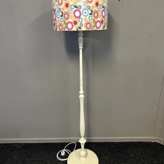 Painted Cream Floor Lamp With Funky Floral Shade H157cm.