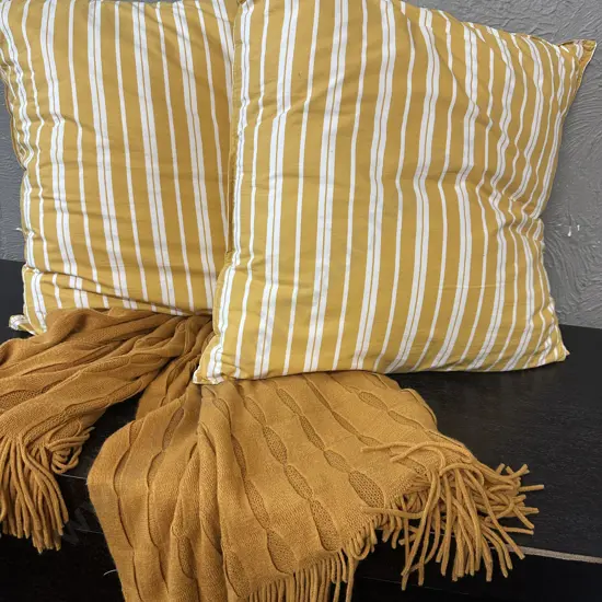 Gracious Living Gold & White Euro Cushions With Gold Knitted Throw
