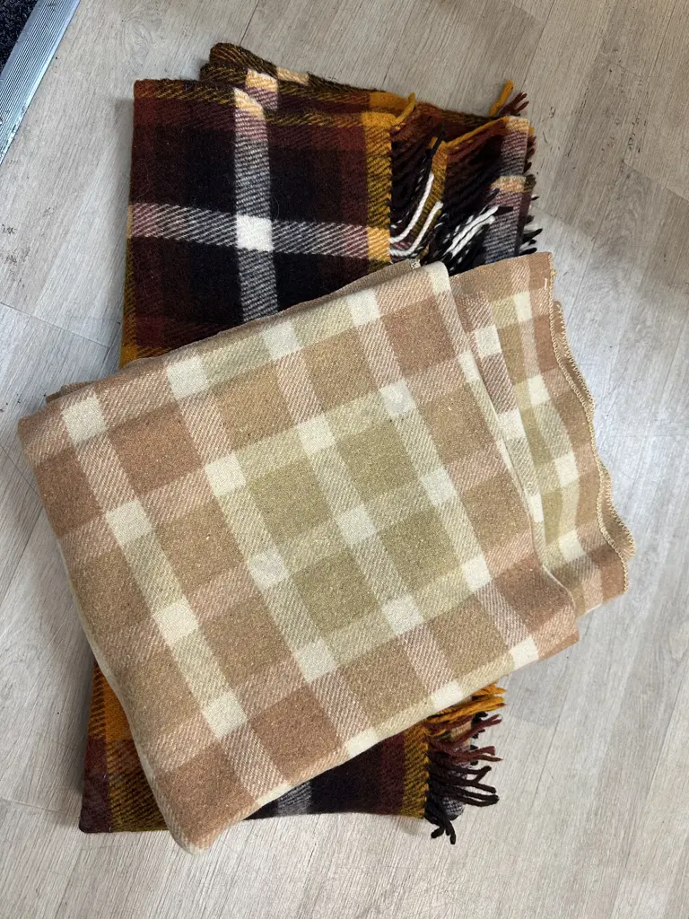 Vintage Orange & Brown Check Travel Rug & Single Woollen Blankets Image 1++