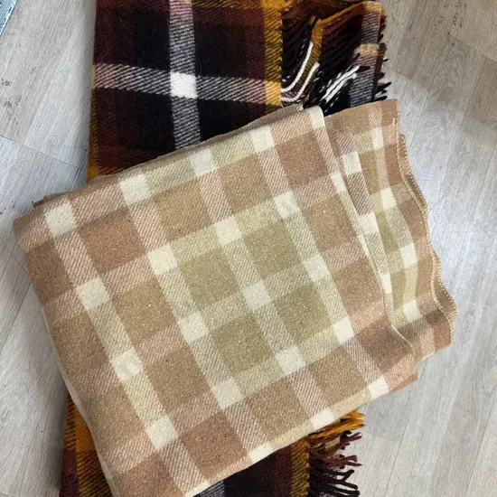 Vintage Orange & Brown Check Travel Rug & Single Woollen Blankets