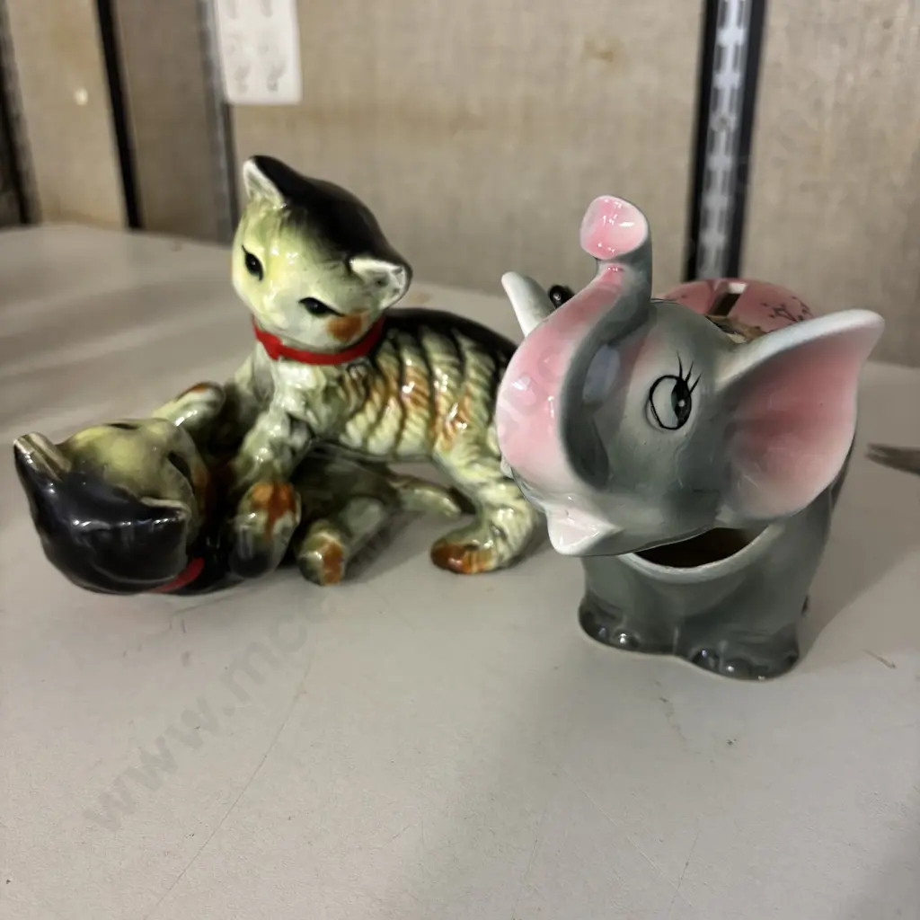 Vintage Japanese Kittens with Bobble head Elephant Money Box Image 1++