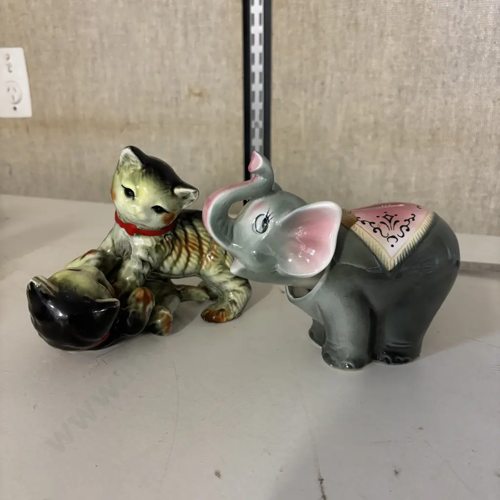 Vintage Japanese Kittens with Bobble head Elephant Money Box Image 1++