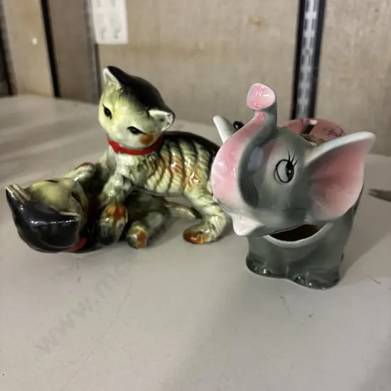 Vintage Japanese Kittens with Bobble head Elephant Money Box