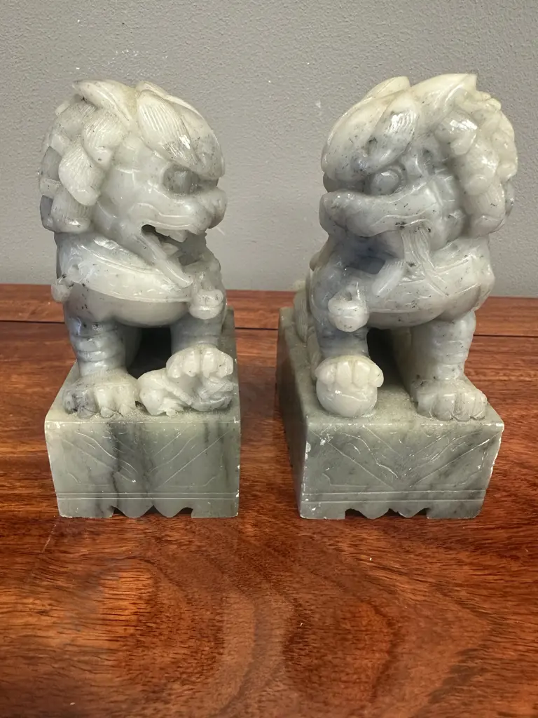 Vintage Chinese Carved Soapstone Foo Dog Book Ends H14cm. Image 1++
