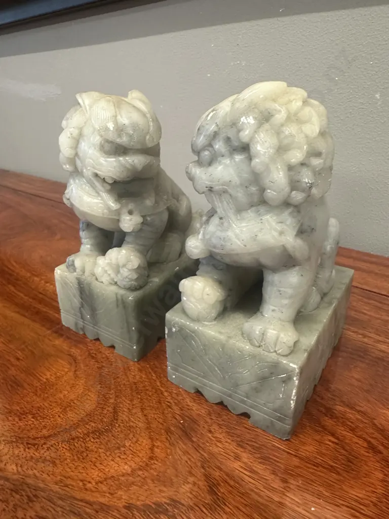Vintage Chinese Carved Soapstone Foo Dog Book Ends H14cm. Image 1++