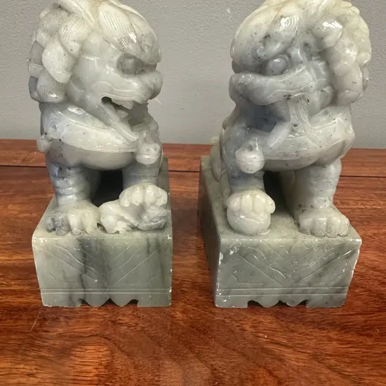 Vintage Chinese Carved Soapstone Foo Dog Book Ends H14cm.