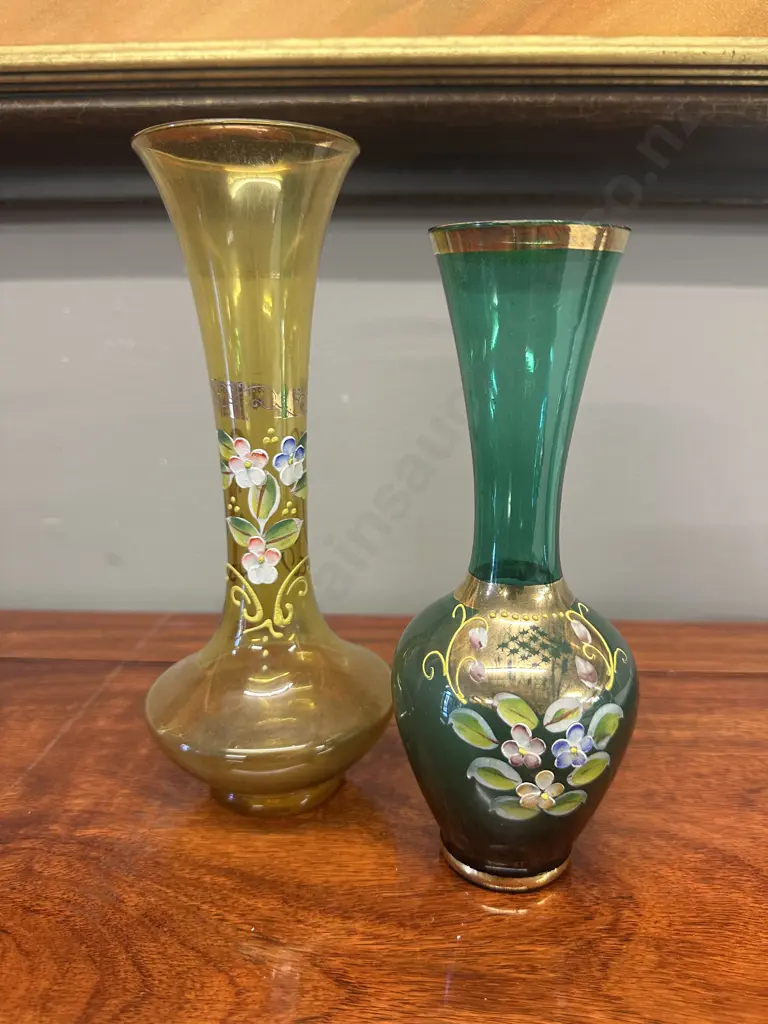 Vintage Amber & Green Coloured Bud Vases Enamel Daisy Detail Image 1++