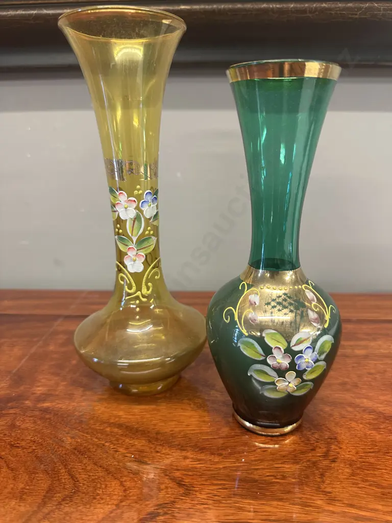 Vintage Amber & Green Coloured Bud Vases Enamel Daisy Detail Image 1++