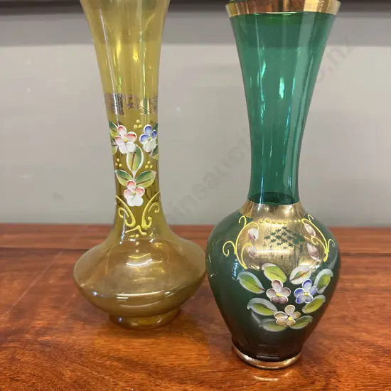 Vintage Amber & Green Coloured Bud Vases Enamel Daisy Detail