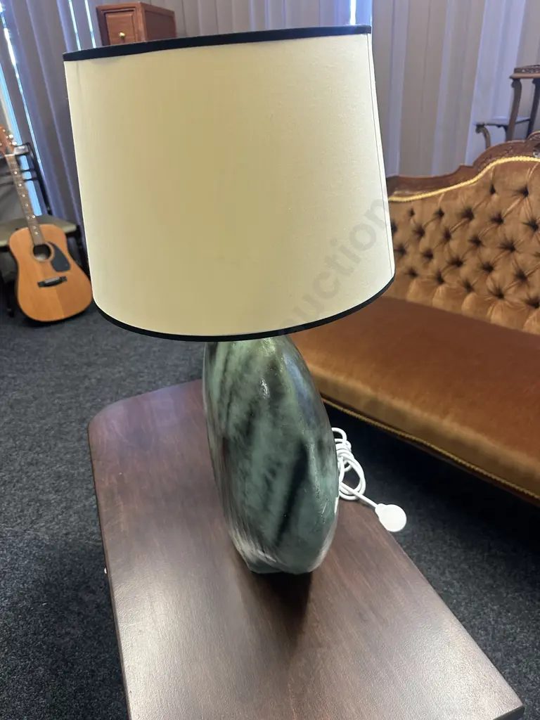 Vintage Table Lamp Spearmint Green & Black Base With Ribbed Detail & Cream Shade Image 1++